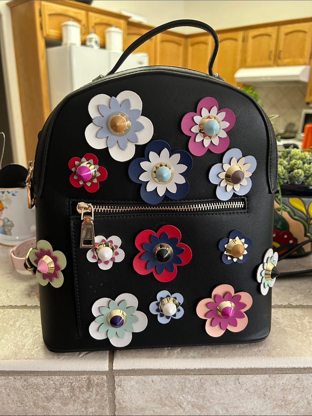 Black Floral Appliqué Mini Backpack - Women's Bag
